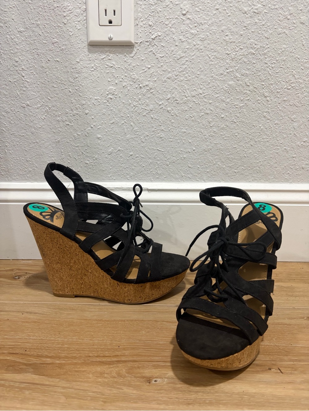 Black Lace-Up Cork Wedge Sandals for Women